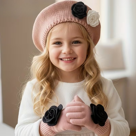 FloraWarm™ – 2-Delige Meisjes Beret & Handschoenen Set