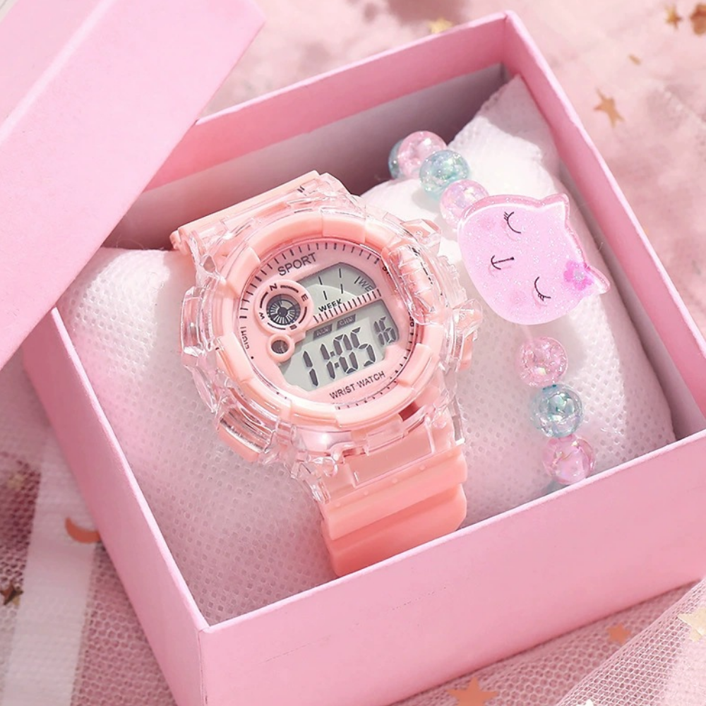 KittyGlow – Digitaal Sporthorloge & Bedelarmband Set