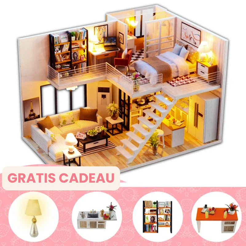 WoodCraftVilla™ – DIY Houten Poppenhuis met Meubels – Creatieve Bouwset