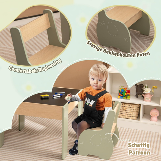 SpinTop™ Montessori Kinder Tafel set – Houten Speeltafel met 2 Stoelen & Draaibaar Verwijde baar Tafelblad