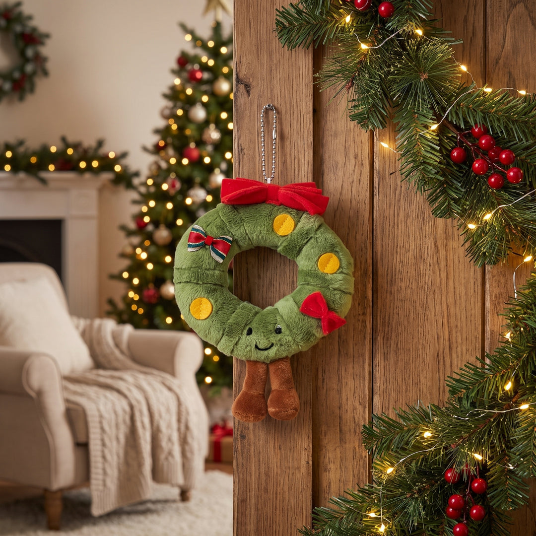 WreathBuddy – Peluche Colgante de Corona de Navidad con Lazo Rojo