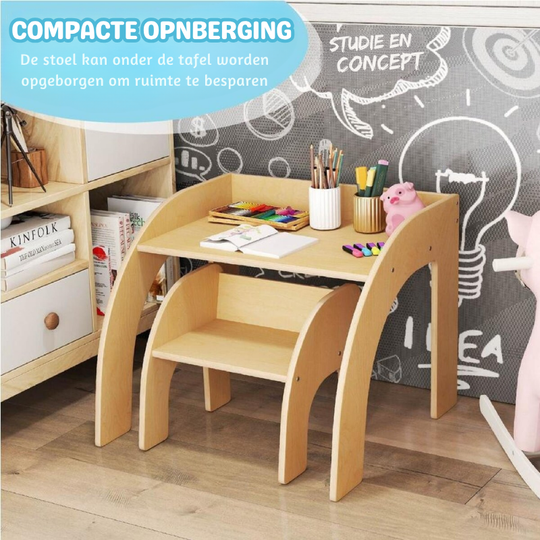 MiniCurve™ Montessori Houten Kinder Tafelset – Compacte Speeltafel met Stoel (3 jaar+)