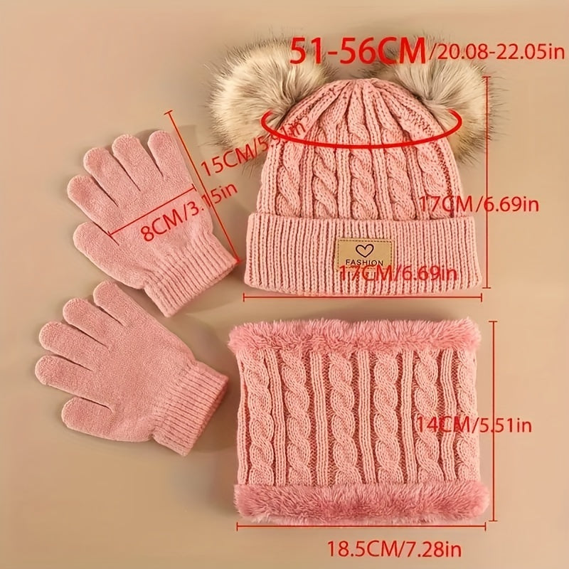 PomFun™ – Meisjes 3-delige Winter Set – Muts, Handschoenen & Nekwarmer