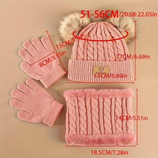 PomFun™ – Meisjes 3-delige Winter Set – Muts, Handschoenen & Nekwarmer