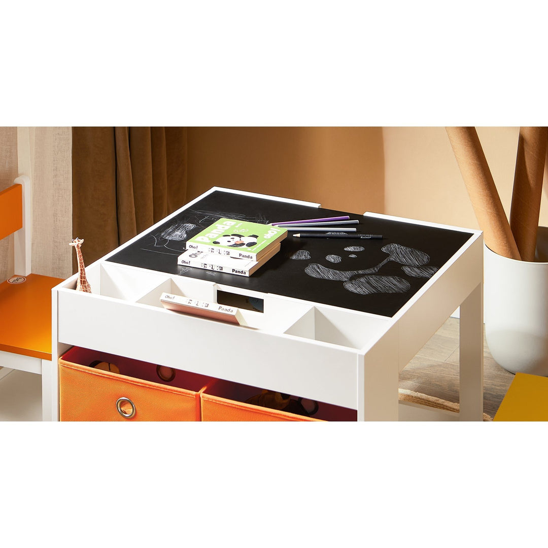 EduDraw™ Montessori Kinder Tekentafel Set – Houten Dubbelzijdige Tafel met 2 Stoelen & 4 Opbergboxen – Omkeerbaar Schoolbord Bureau