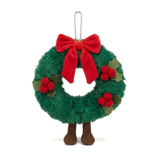 WreathBuddy – Peluche Colgante de Corona de Navidad con Lazo Rojo