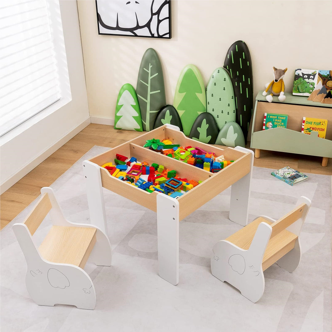 FlipTop™ Montessori Kinder Tafelset – Houten Speeltafel met 2 Stoelen & Opbergvak, Opklapbaar Tafelblad (3 jaar+) – Wit