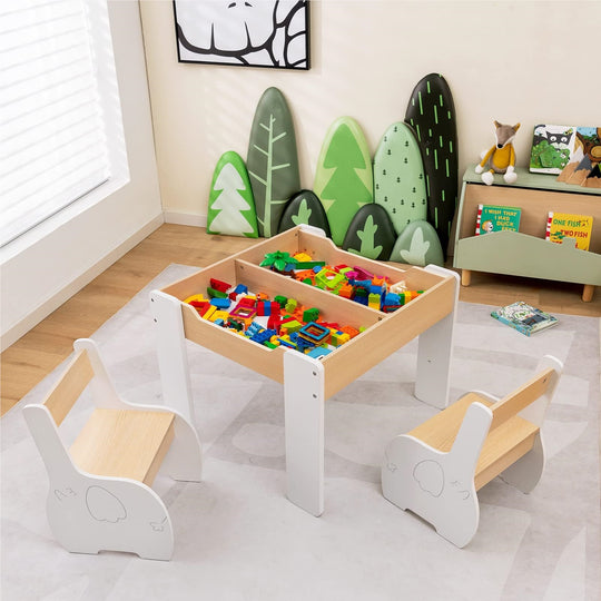 FlipTop™ Montessori Kinder Tafelset – Houten Speeltafel met 2 Stoelen & Opbergvak, Opklapbaar Tafelblad (3 jaar+) – Wit