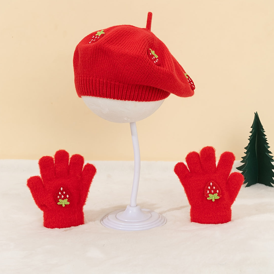 StrawBerryChic™ – 2-Delige Meisjes Beret & Handschoenen Set