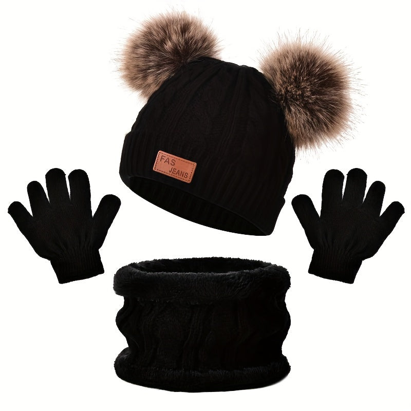 PomFun™ – Meisjes 3-delige Winter Set – Muts, Handschoenen & Nekwarmer