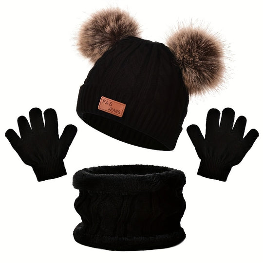 PomFun™ – Meisjes 3-delige Winter Set – Muts, Handschoenen & Nekwarmer