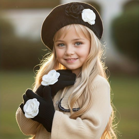 FloraWarm™ – 2-Delige Meisjes Beret & Handschoenen Set