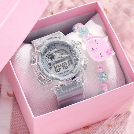 KittyGlow – Digitaal Sporthorloge & Bedelarmband Set