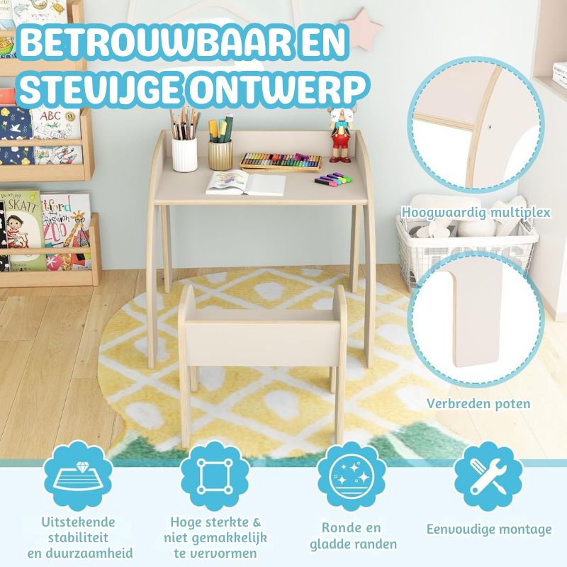 MiniCurve™ Montessori Houten Kinder Tafelset – Compacte Speeltafel met Stoel (3 jaar+)