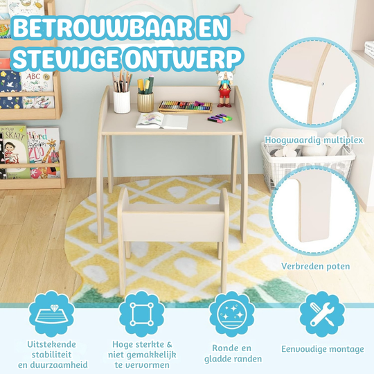 MiniCurve™ Montessori Houten Kinder Tafelset – Compacte Speeltafel met Stoel (3 jaar+)