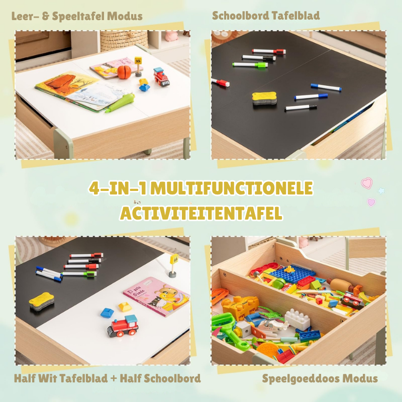 SpinTop™ Montessori Kinder Tafel set – Houten Speeltafel met 2 Stoelen & Draaibaar Verwijde baar Tafelblad