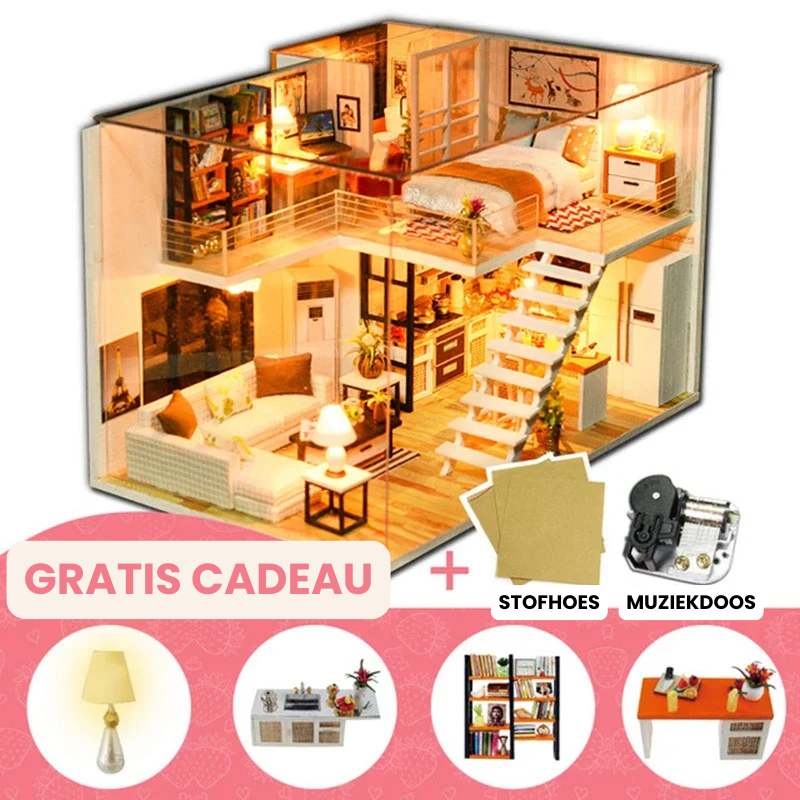 WoodCraftVilla™ – DIY Houten Poppenhuis met Meubels – Creatieve Bouwset