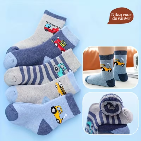 CarCozy™ – 10-Pack Jongens Cartoon Auto Sokken Set – Dikke Gebreide Sokken