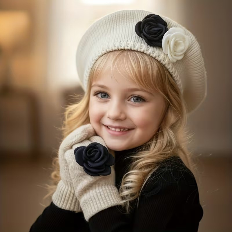 FloraWarm™ – 2-Delige Meisjes Beret & Handschoenen Set