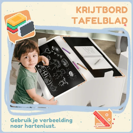WhiteBoardPlay™ Kinder Tafelset – 3-delige Houten Speeltafel met Schoolbord & 2 Stoelen (3-8 jaar)