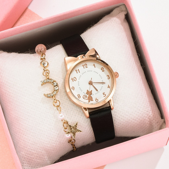 KittyMoon – Kattenoor Horloge & Sterren Armband Set