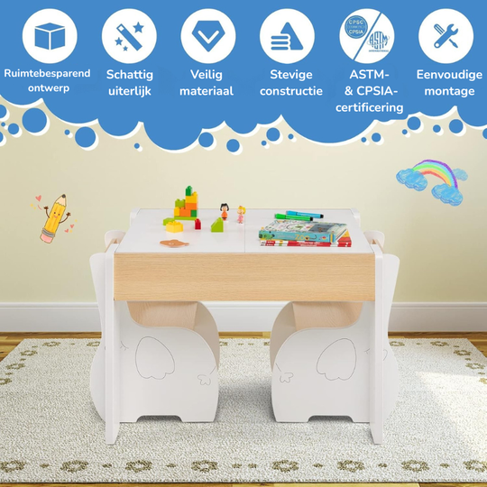 FlipTop™ Montessori Kinder Tafelset – Houten Speeltafel met 2 Stoelen & Opbergvak, Opklapbaar Tafelblad (3 jaar+) – Wit