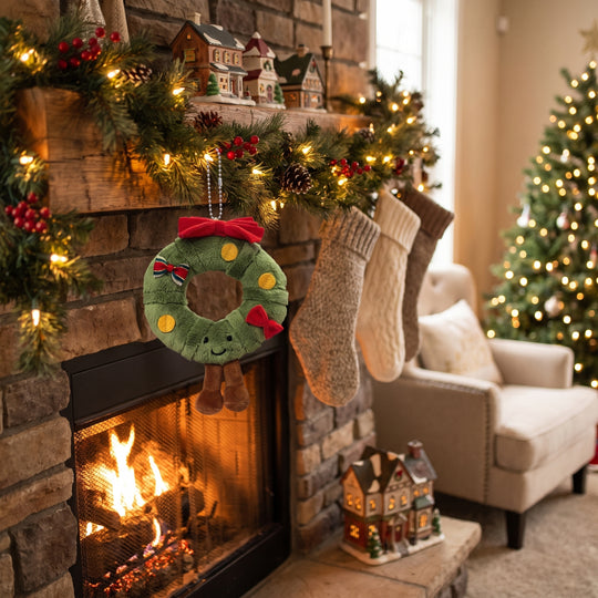WreathBuddy – Peluche Colgante de Corona de Navidad con Lazo Rojo