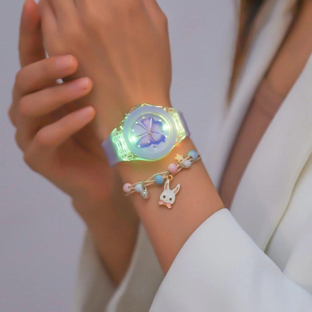 LumiFly – Meisjes Vlinder Quartz Horloge Set – LED Gloeiend Silicone Horloge met Armband