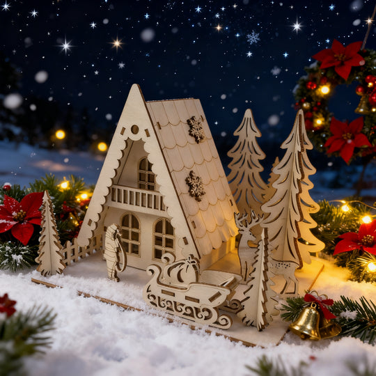 FestivaScene™ – 2D & 3D Houten Kersthuis Tafeldecor