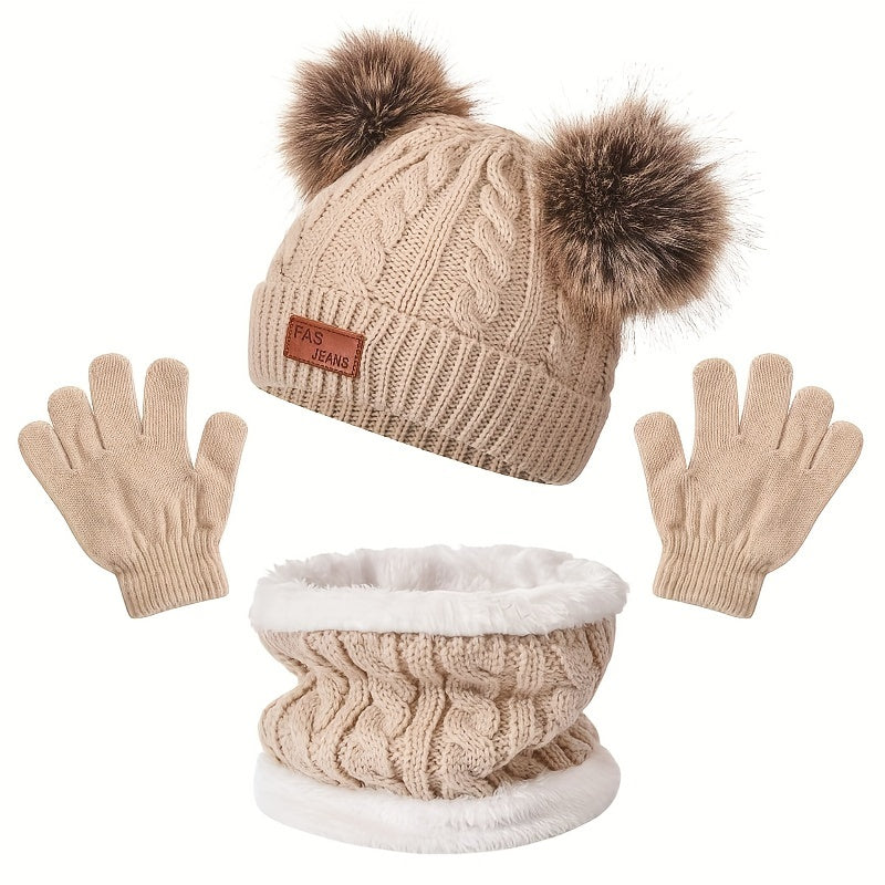 PomFun™ – Meisjes 3-delige Winter Set – Muts, Handschoenen & Nekwarmer