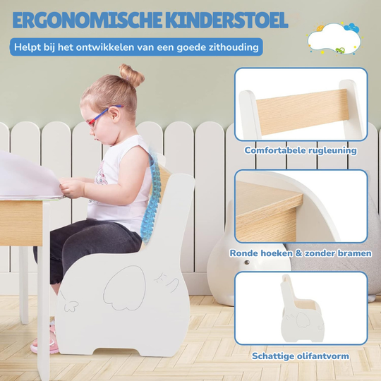 FlipTop™ Montessori Kinder Tafelset – Houten Speeltafel met 2 Stoelen & Opbergvak, Opklapbaar Tafelblad (3 jaar+) – Wit