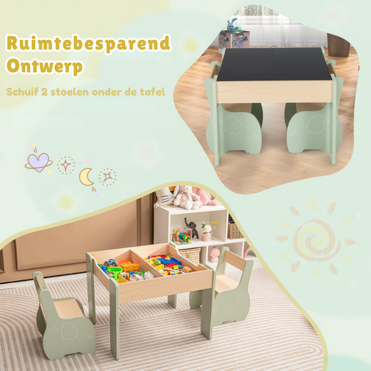 SpinTop™ Montessori Kinder Tafel set – Houten Speeltafel met 2 Stoelen & Draaibaar Verwijde baar Tafelblad