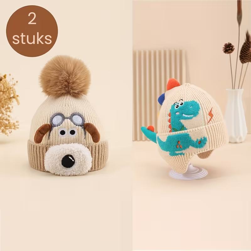 DinoPupWarm™ – Kinderen Wintermuts Set – Dino & Puppy Gebreide Beanies