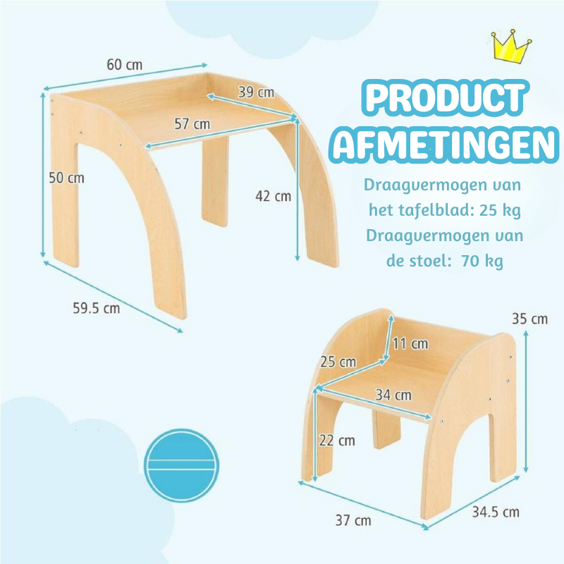 MiniCurve™ Montessori Houten Kinder Tafelset – Compacte Speeltafel met Stoel (3 jaar+)