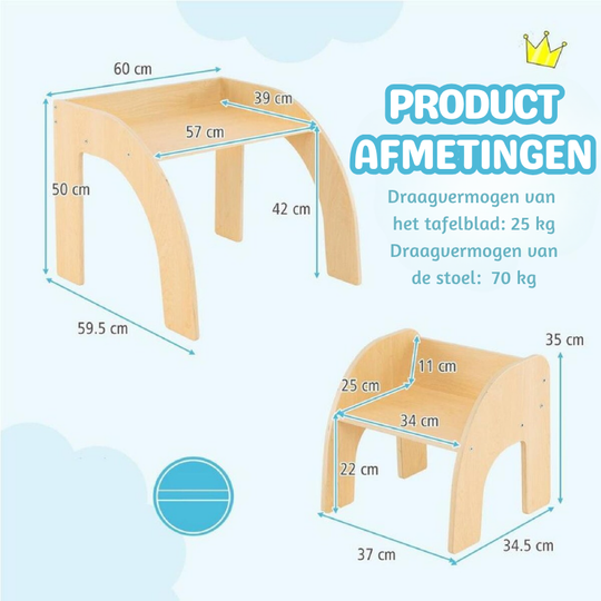 MiniCurve™ Montessori Houten Kinder Tafelset – Compacte Speeltafel met Stoel (3 jaar+)