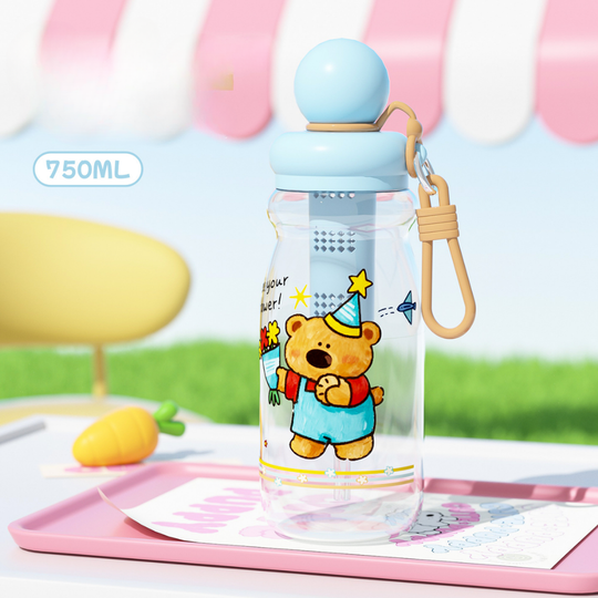 CuteFlow – Cartoon Drinkfles met Filter & Draaglus (750 ml)