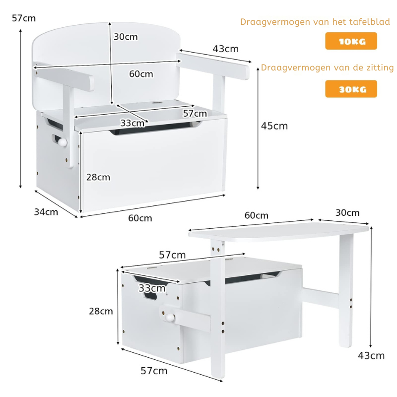 Milo & Moon® SmartSit 3-in-1 – Kinderbank, Tafel en Opbergbak in één