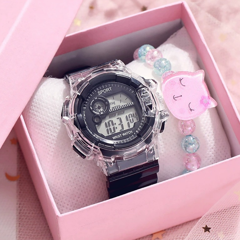 KittyGlow – Digitaal Sporthorloge & Bedelarmband Set