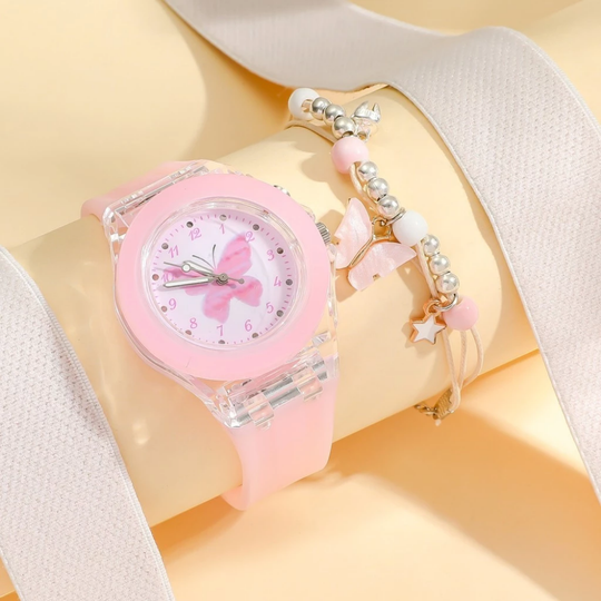 LumiFly – Meisjes Vlinder Quartz Horloge Set – LED Gloeiend Silicone Horloge met Armband