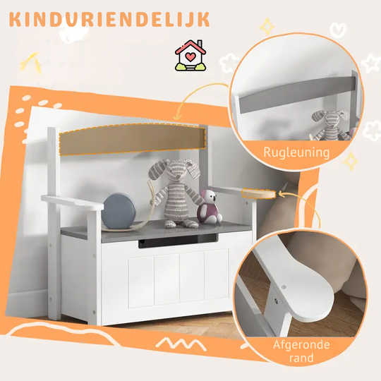 PlayBench™ – 2-in-1 Speelgoedkist & Zitbank – Opbergbank met Rugleuning en Armleuningen