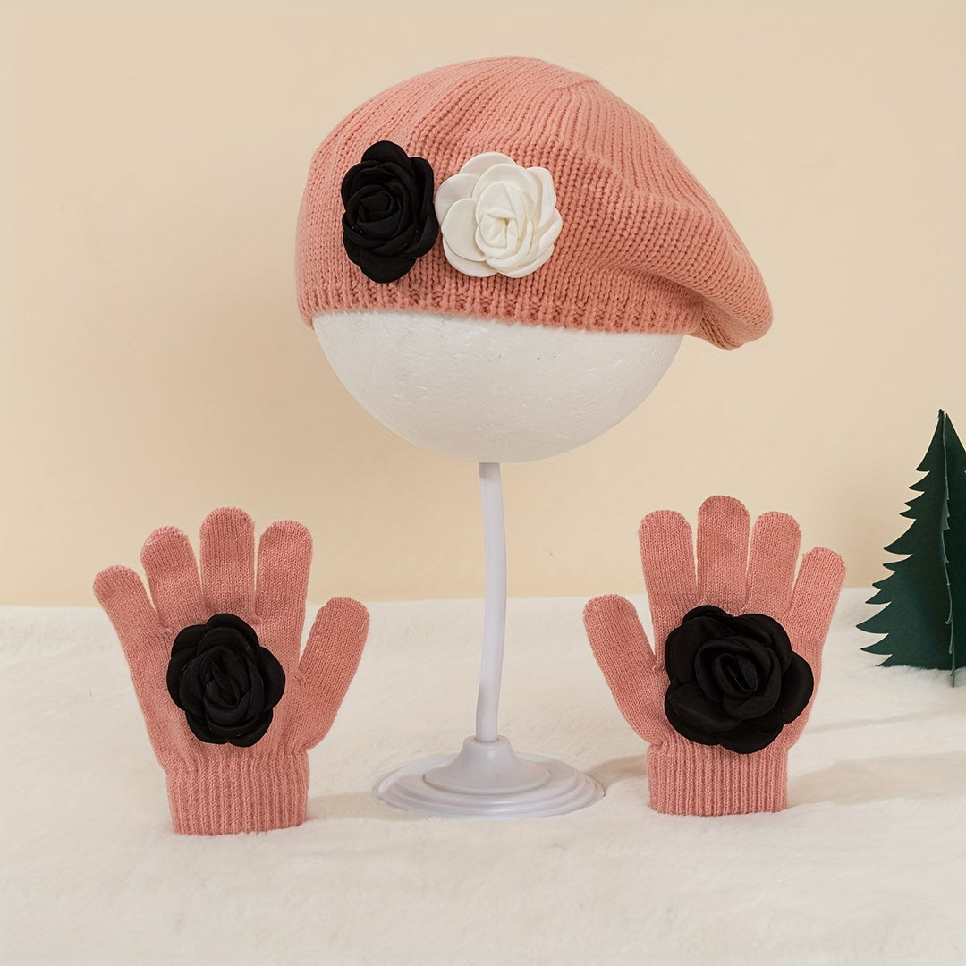 FloraWarm™ – 2-Delige Meisjes Beret & Handschoenen Set