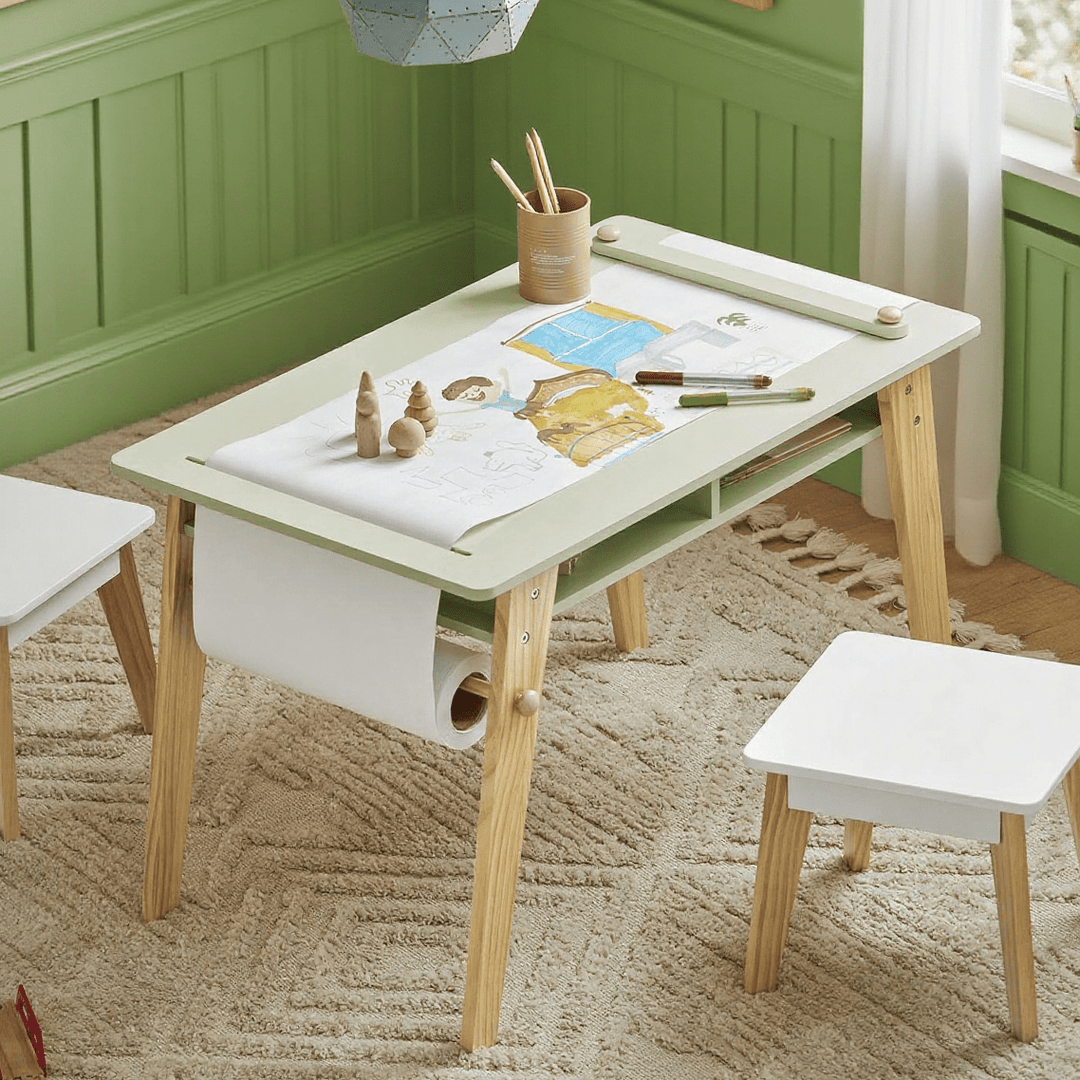 ArtCraft™ Montessori Kinderbureau Set – Houten Speel- & Tekentafel met 2 Stoelen