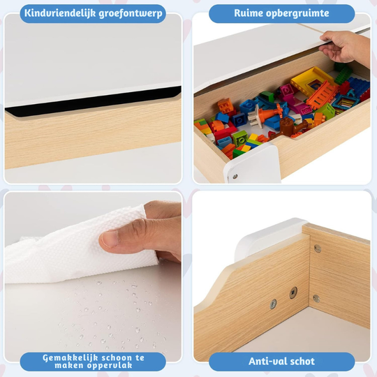 FlipTop™ Montessori Kinder Tafelset – Houten Speeltafel met 2 Stoelen & Opbergvak, Opklapbaar Tafelblad (3 jaar+) – Wit