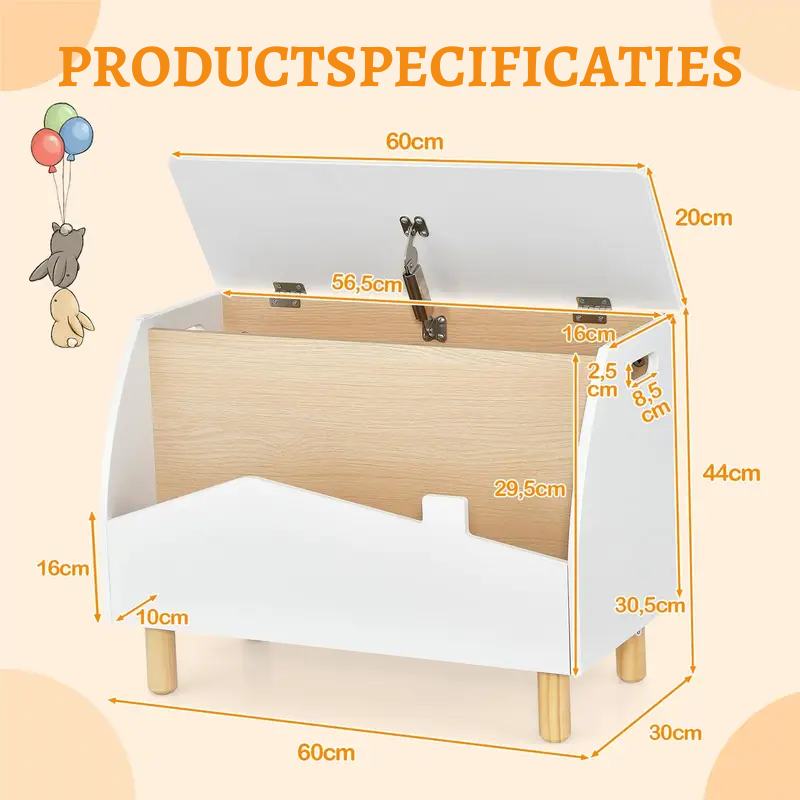 WoodLand™ – Houten Speelgoedkist met Plank – Ruime & Veilige Opbergbox voor Kinderen
