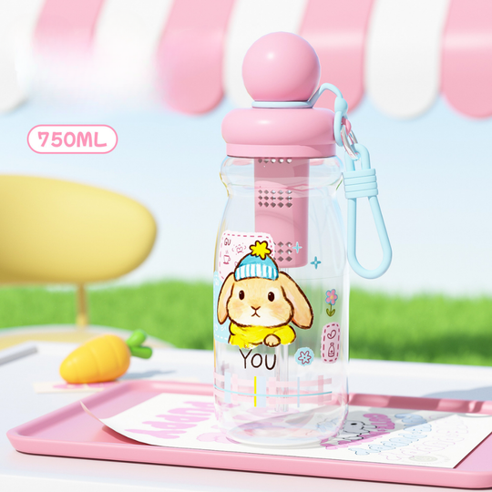 CuteFlow – Cartoon Drinkfles met Filter & Draaglus (750 ml)