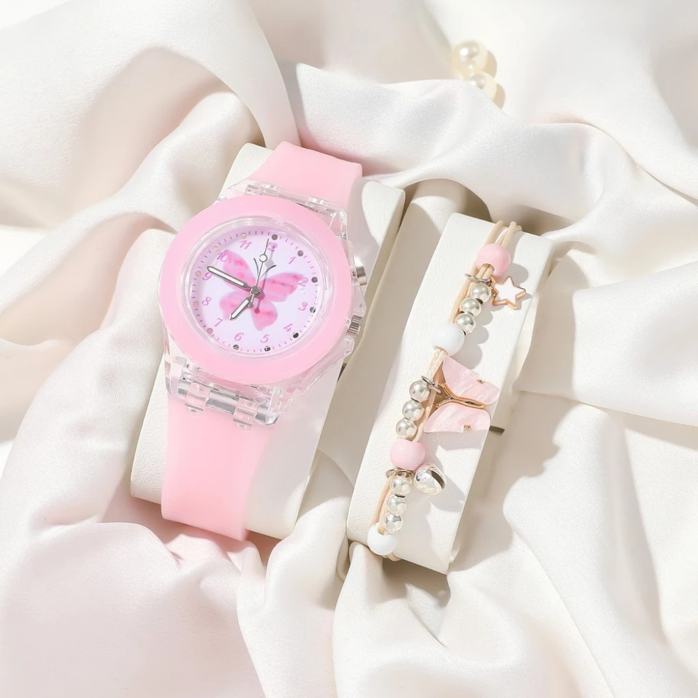 LumiFly – Meisjes Vlinder Quartz Horloge Set – LED Gloeiend Silicone Horloge met Armband
