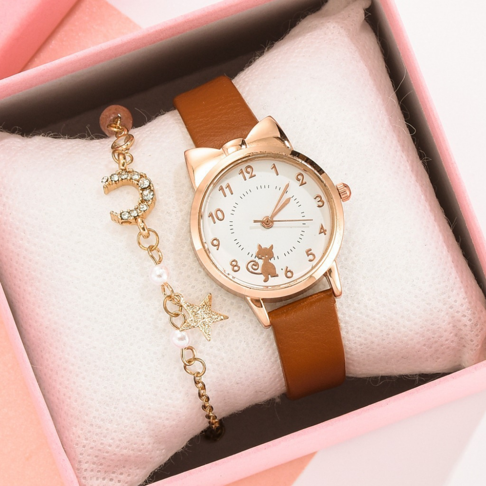 KittyMoon – Kattenoor Horloge & Sterren Armband Set