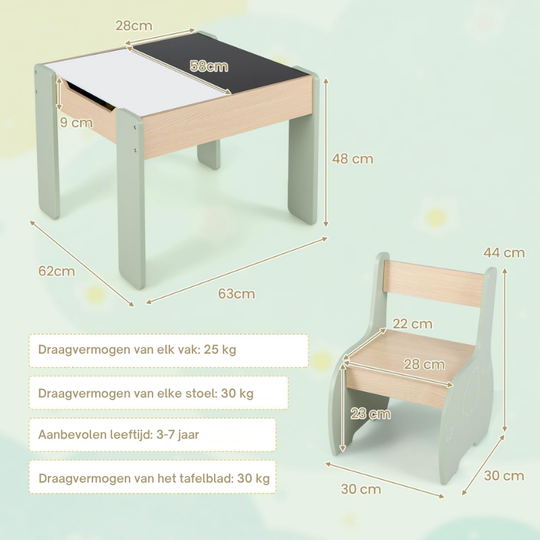 SpinTop™ Montessori Kinder Tafel set – Houten Speeltafel met 2 Stoelen & Draaibaar Verwijde baar Tafelblad
