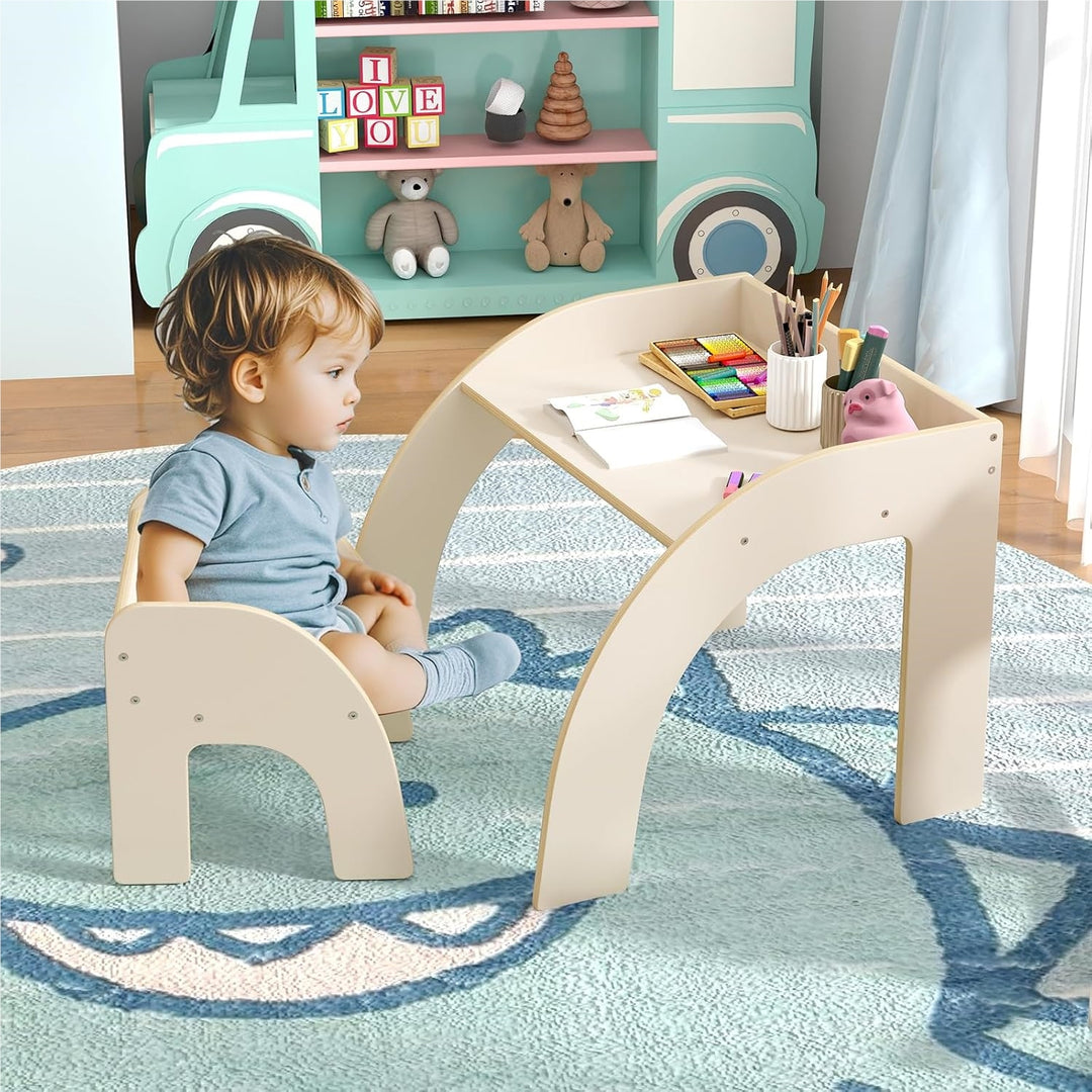 MiniCurve™ Montessori Houten Kinder Tafelset – Compacte Speeltafel met Stoel (3 jaar+)