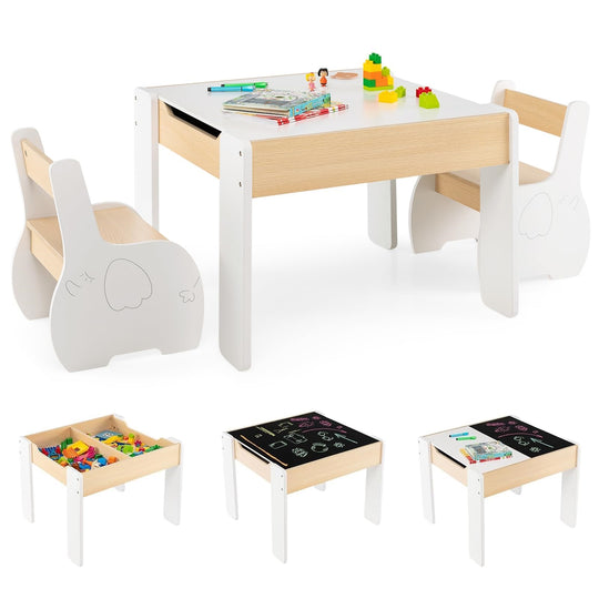 FlipTop™ Montessori Kinder Tafelset – Houten Speeltafel met 2 Stoelen & Opbergvak, Opklapbaar Tafelblad (3 jaar+) – Wit